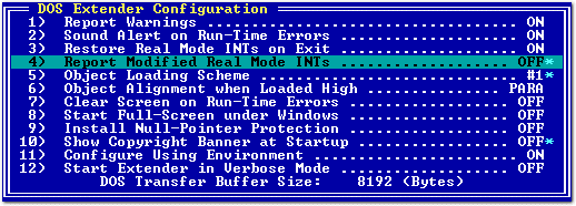 DOS Extender Configuration Window - example